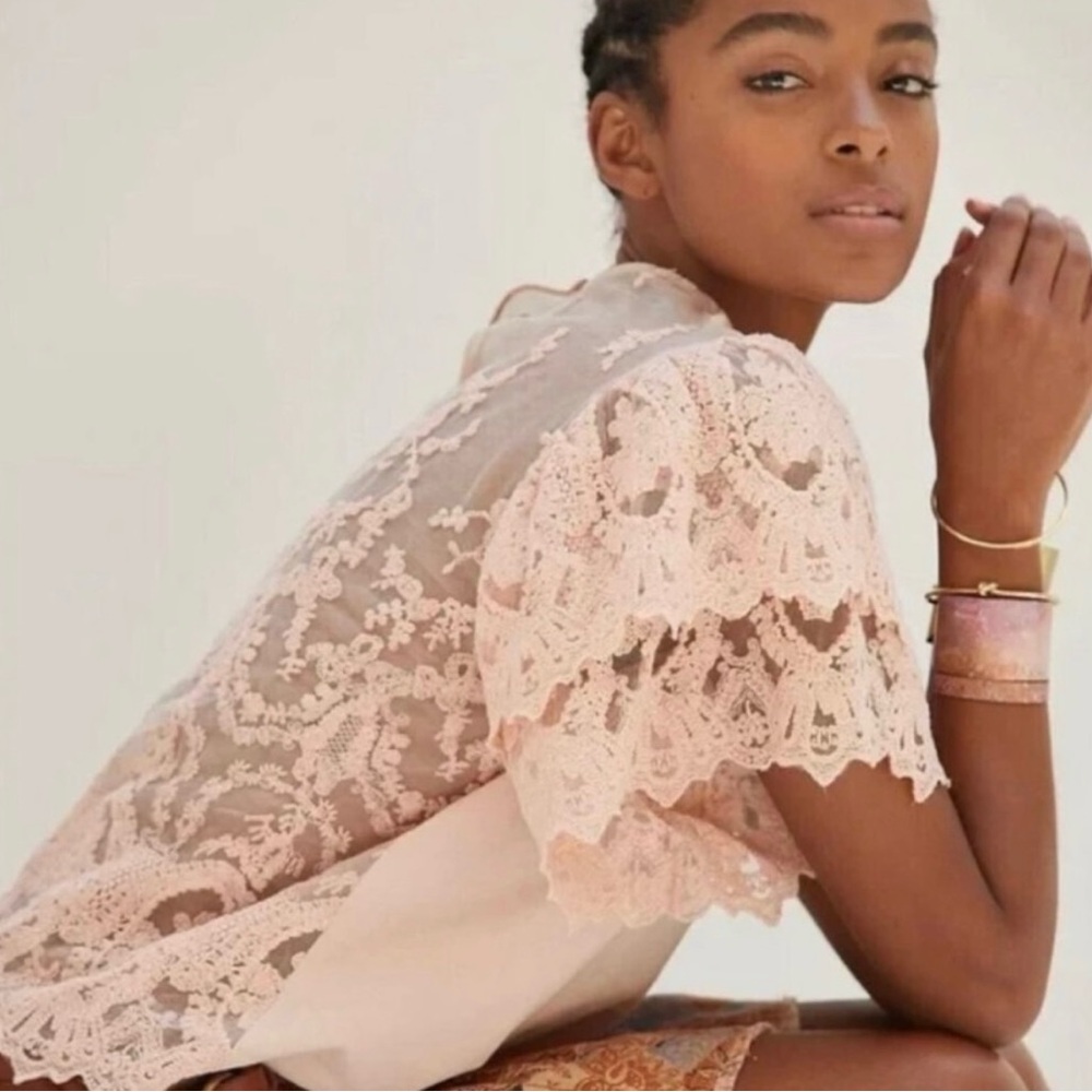 NWT Anthropologie Elegant Lace Blouse with Pink Accents